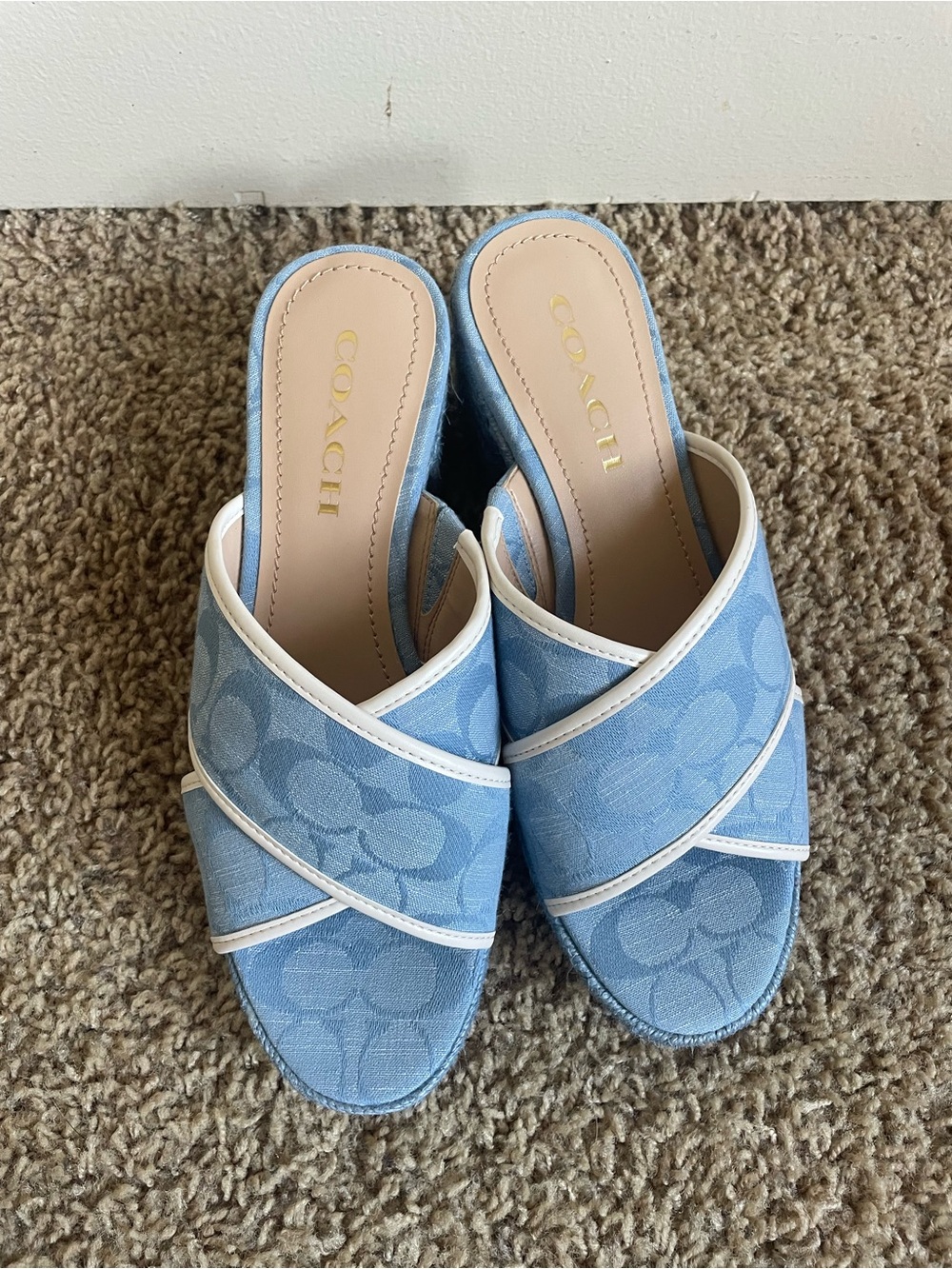 COACH Light Blue Crossband Slide Mules